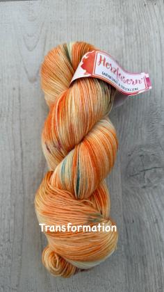 Mehrere handgefärbte Garnstränge der Marke Herzfasern liegen nebeneinander. Die Färbung „Transformation“ zeigt vielschichtige, ineinanderlaufende Farbtöne mit sichtbaren Übergängen. Die Farbwirkung ist tief, lebendig und im Wandel.